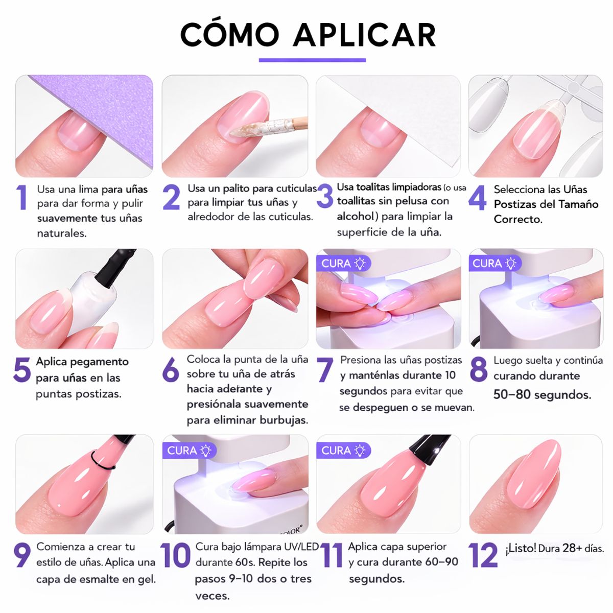 GENERAL - Kit press on 240 uñas cortas y largas + lampara