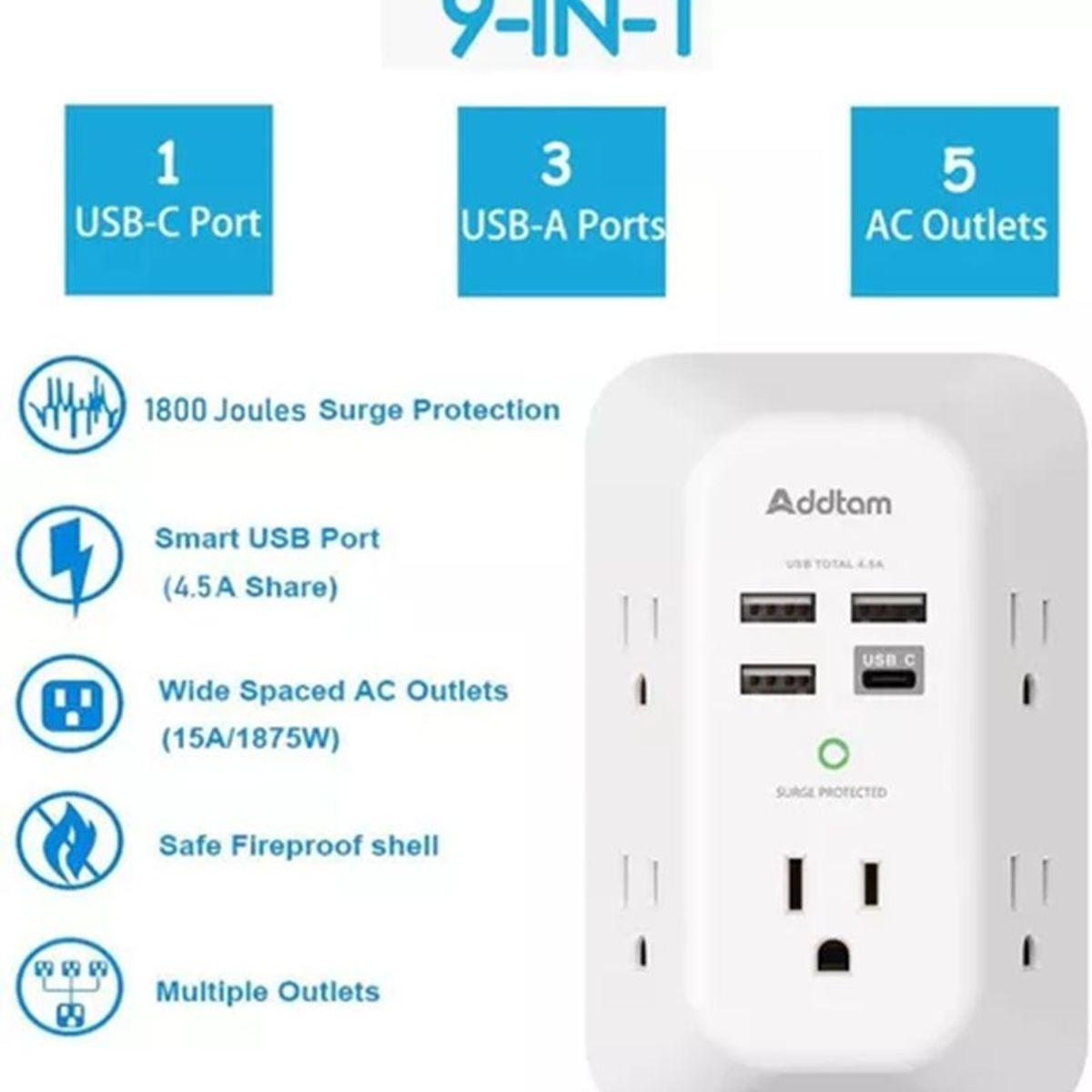 GENERICO - Multitoma Protección Sobretensión Y Cargador De Pared Usb C Blanco