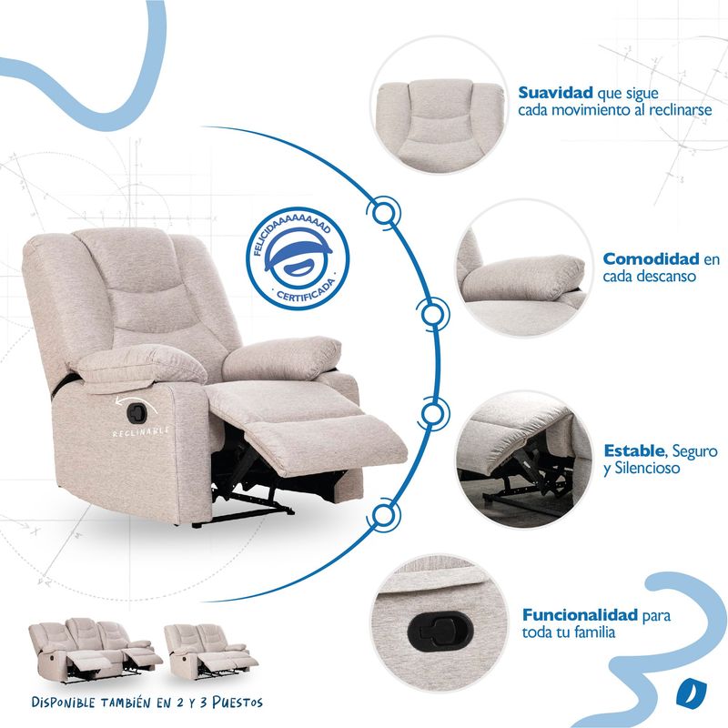 MUEBLES FIOTTI - Sofa Reclinable 1 Puesto Poliester Beige Kalerin Premium