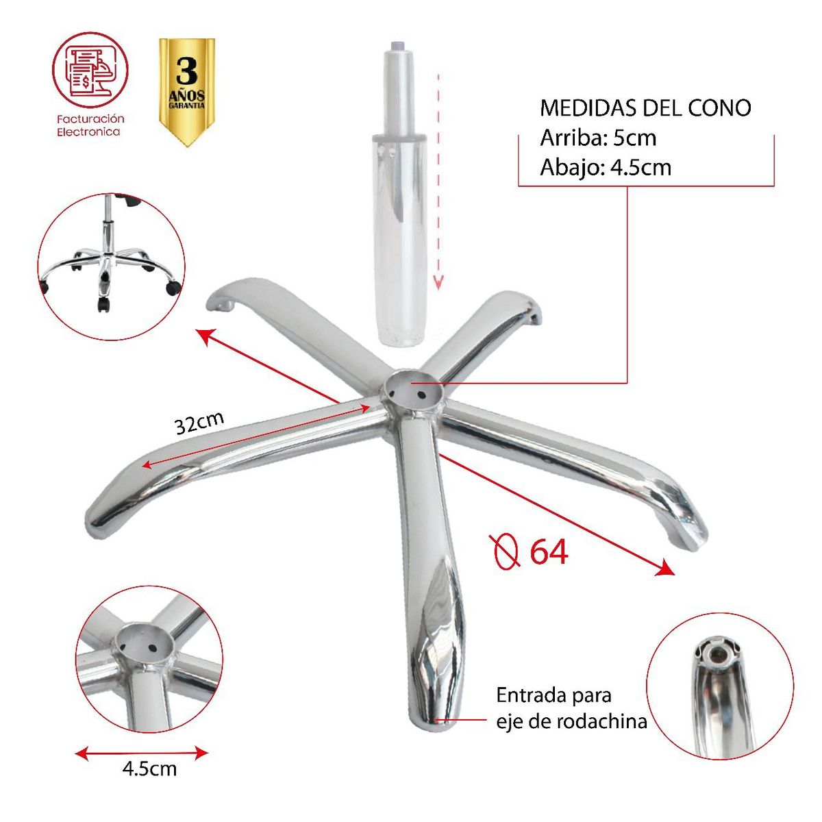 MUEBLESYA - Repuesto Base Cromada Estrella Para Silla Oficina Giratoria Gerente