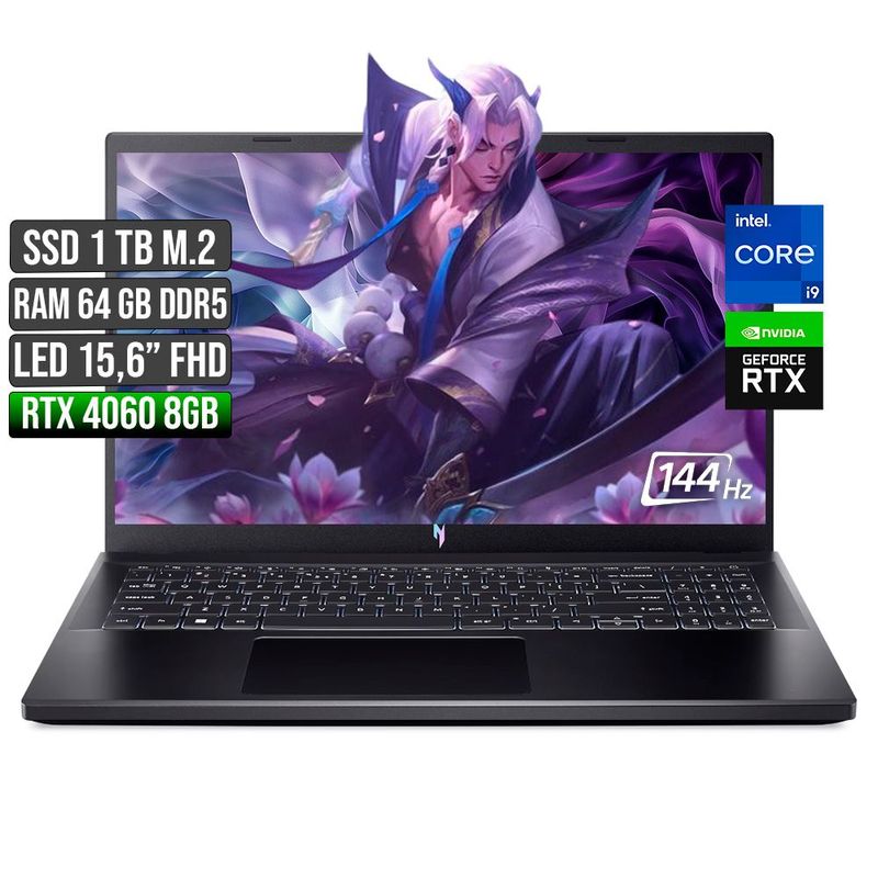 ACER - ACER NITRO INTEL CORE I9-13900H RTX 4060 8GB SSD 1TB RAM 64GB LED 15,6" FHD 144Hz