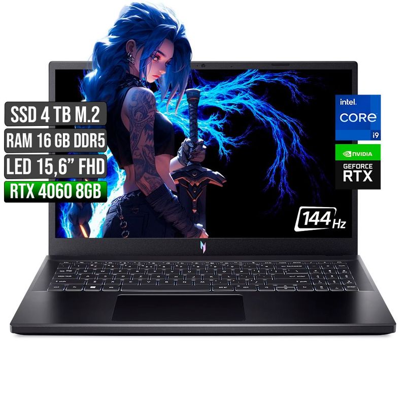 ACER - Portátil Acer Nitro Intel Core I9 RTX 4060 16GB RAM 4TB SSD 15.6" FHD