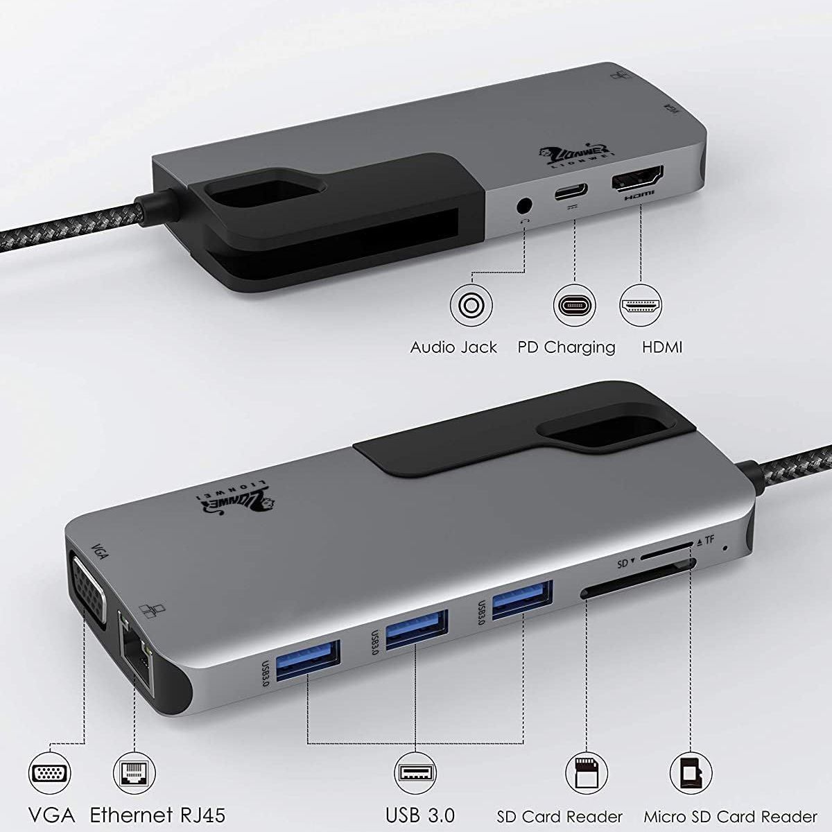 GEF - Hub Adaptador Usb-c A Vga Rj45 Hdmi Microsd Mac iPad Windows