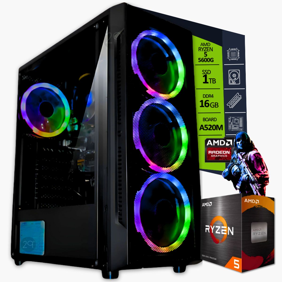 AMD - TORRE GAMER RYZEN 5 5600G/ 16GB RAM/ SSD 1TB /BOARD A520M /MONITOR 22" FHD