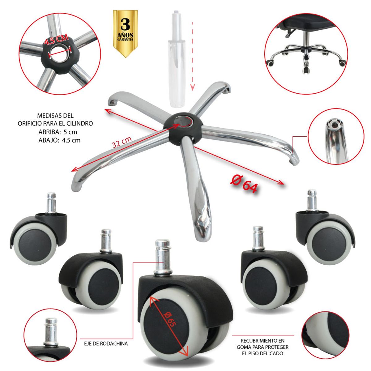 MUEBLESYA - Repuestos Para Silla Oficina Base Cromo De 64cm + Ruedas Goma Diametro 50