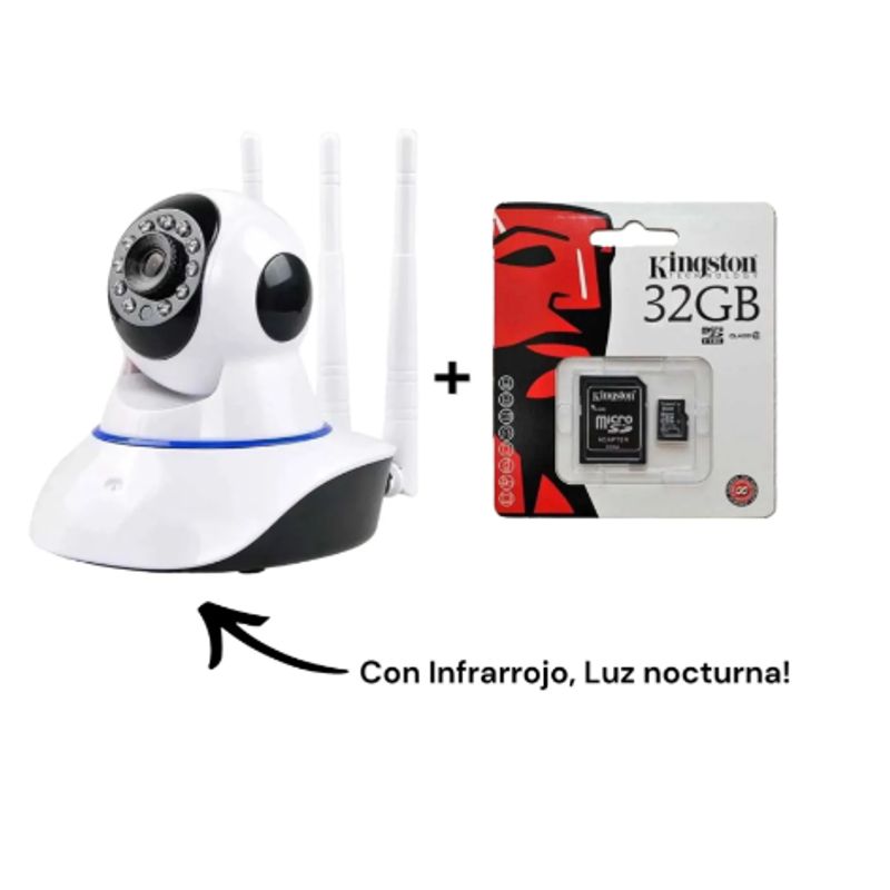 GENERICO - Cámara De Seguridad 3 Antenas Wifi, 360° 1080P + Memoria Micro SD 32 GB