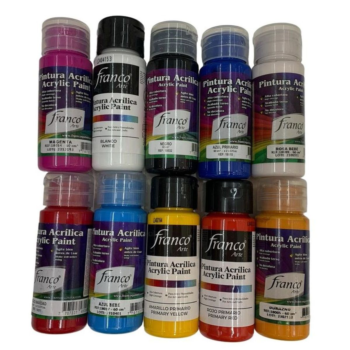 FRANCO ARTE - Set X 10 Pinturas Acrílicas, Colores Surtidos 60 ml Franco.