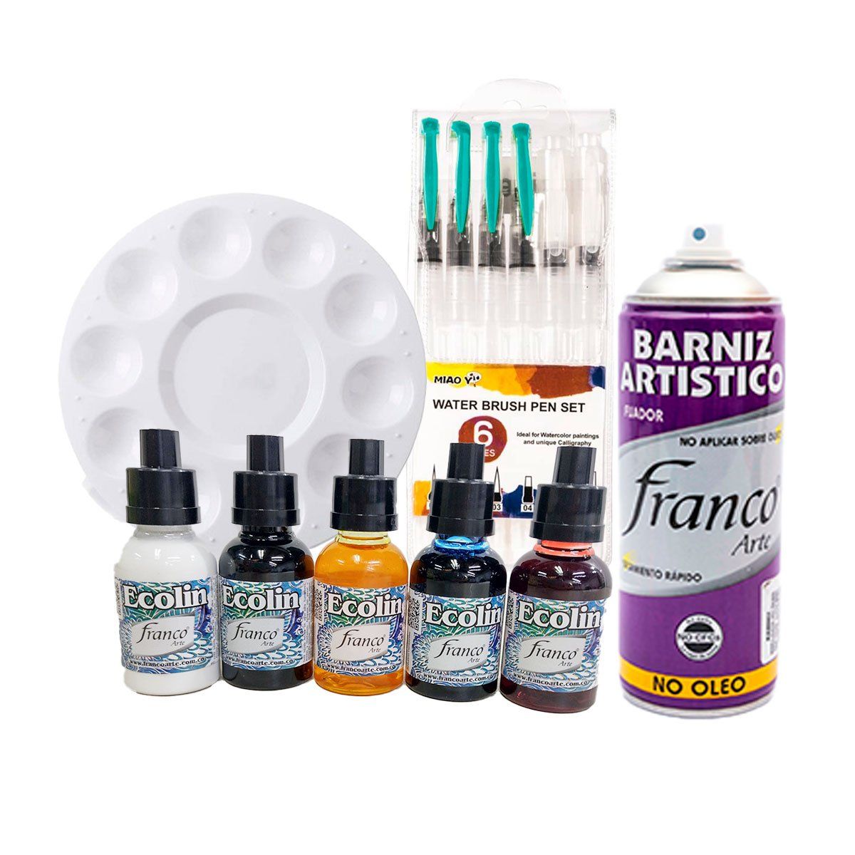 FRANCO ARTE - Set Acuarela Líquida Ecolín X5 + Paleta + Pinceles + Barniz