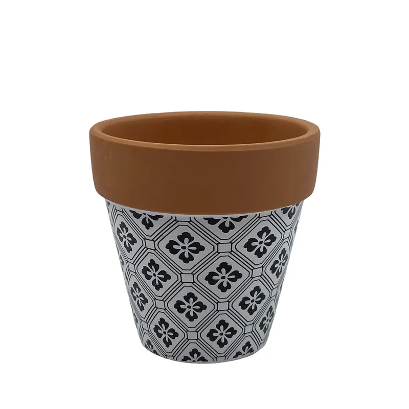 GENERICO - Maceta Terracota Con Estampado Blanco Y Negro Flor Grande
