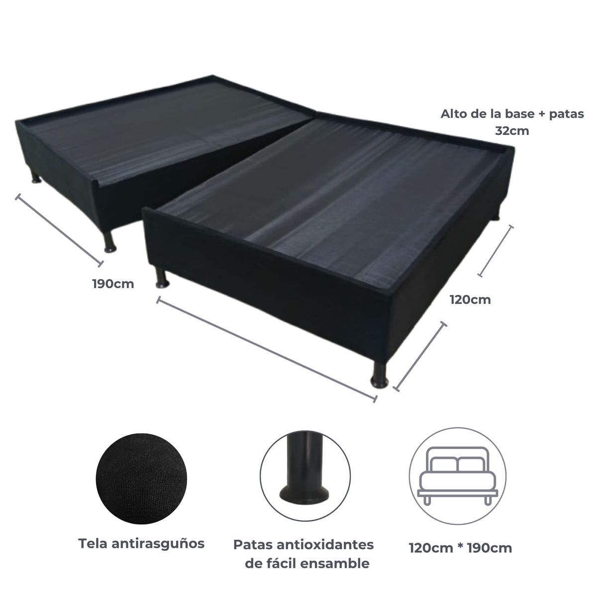 GENERICO - Base Cama Dividida Semidoble Negra 120X190cm