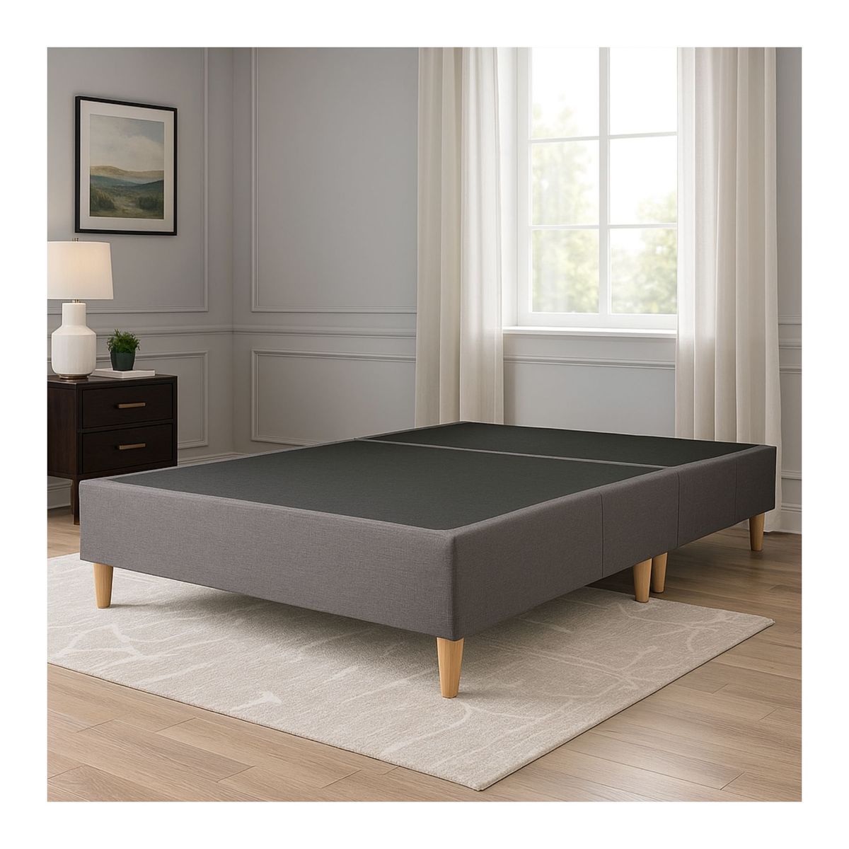 DORMIPUFF - Base Cama QUEEN Gris Lino Pata Madera Dormipuff