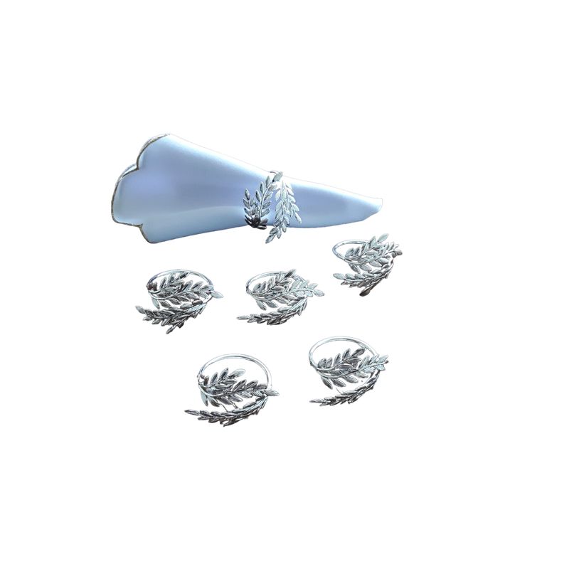 GENERICO - 6 SERVILLETEROS ANILLOS AROS PARA SERVILLETAS HOJA TRIGO PLATEADO