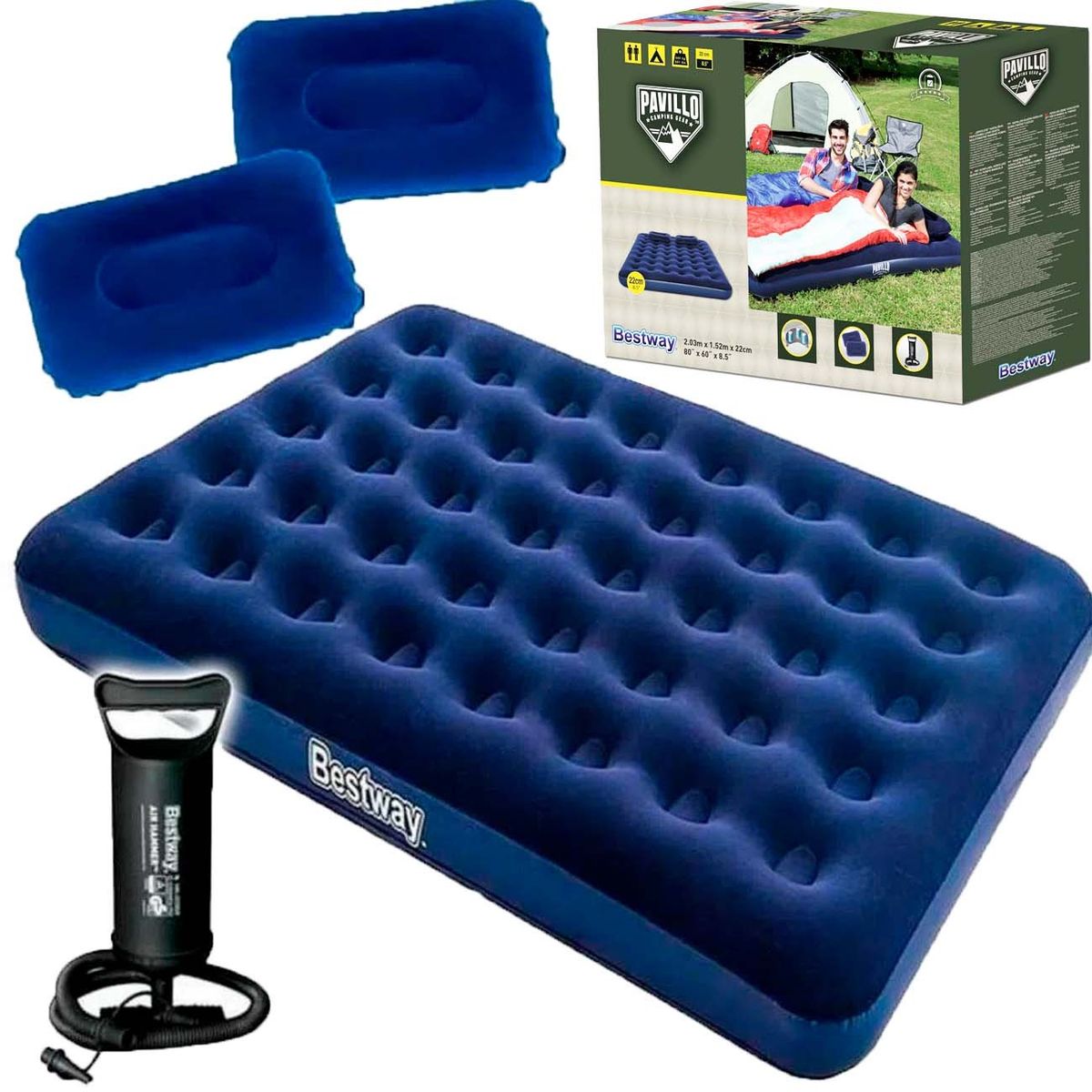 BESTWAY - Colchón Inflable Doble Camping +2 Almohadas+inflador Bestway