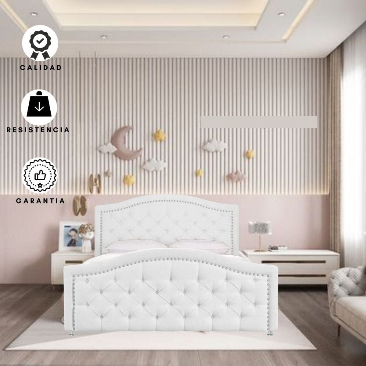 EKONOMODO COLOMBIA - Juego De Alcoba 140 Venecia Blanco Espaldar + Base Cama + Colchon