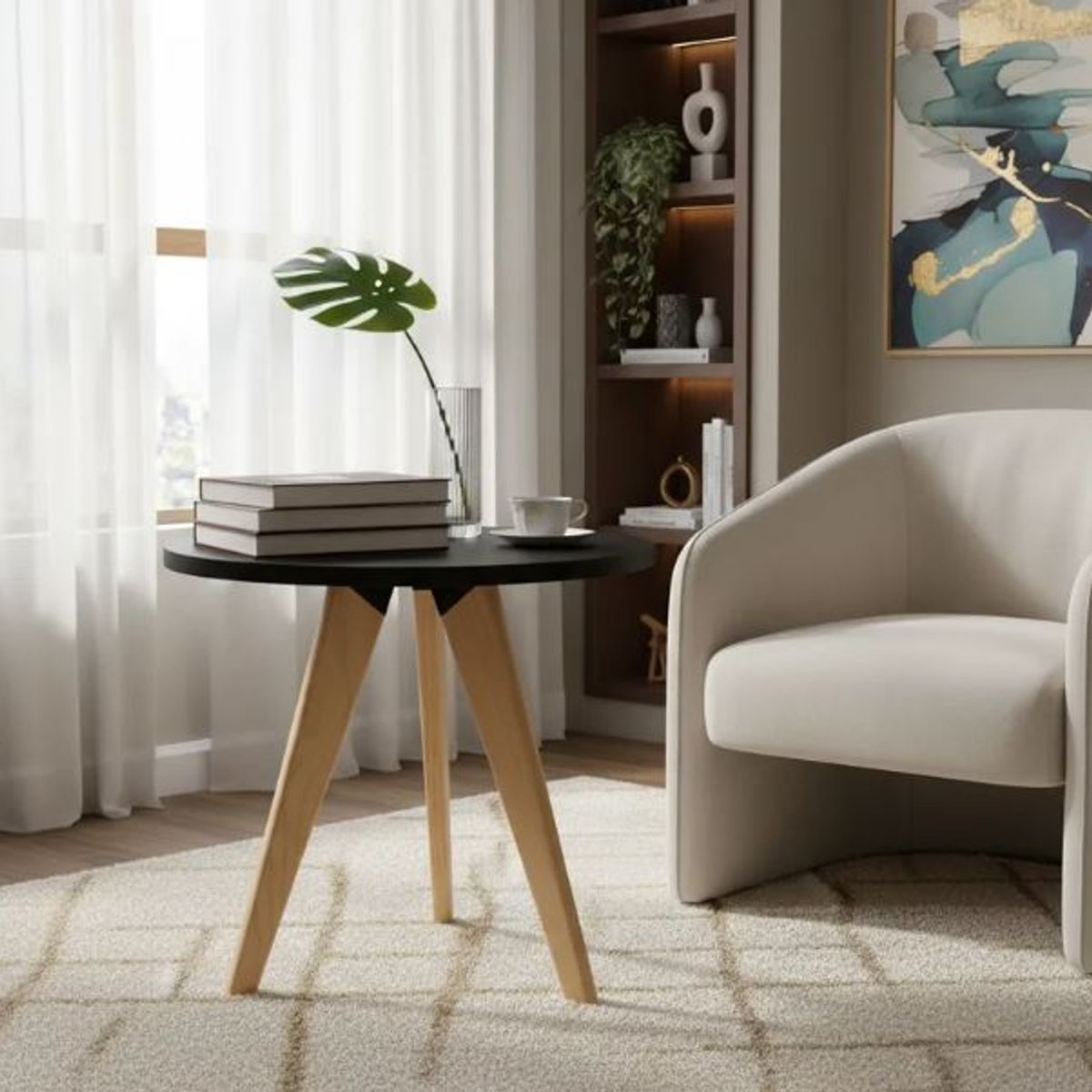 GENERICO - Mesa Auxiliar Centro Circular Mediano NEGRO Estilo Nórdico 40x45 cm