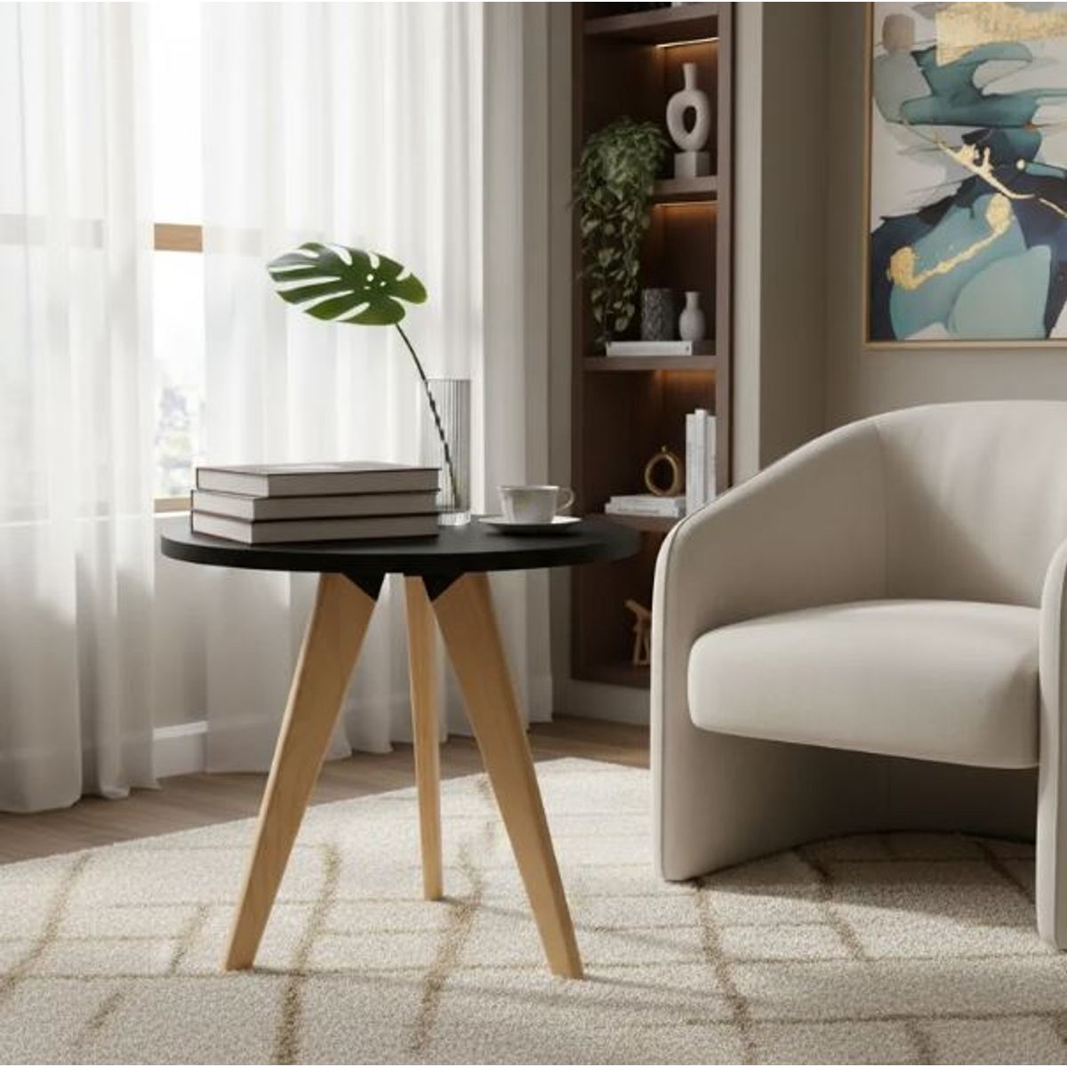 GENERICO - Mesa Auxiliar Centro Circular Mediano NEGRO Estilo Nórdico 40x45 cm