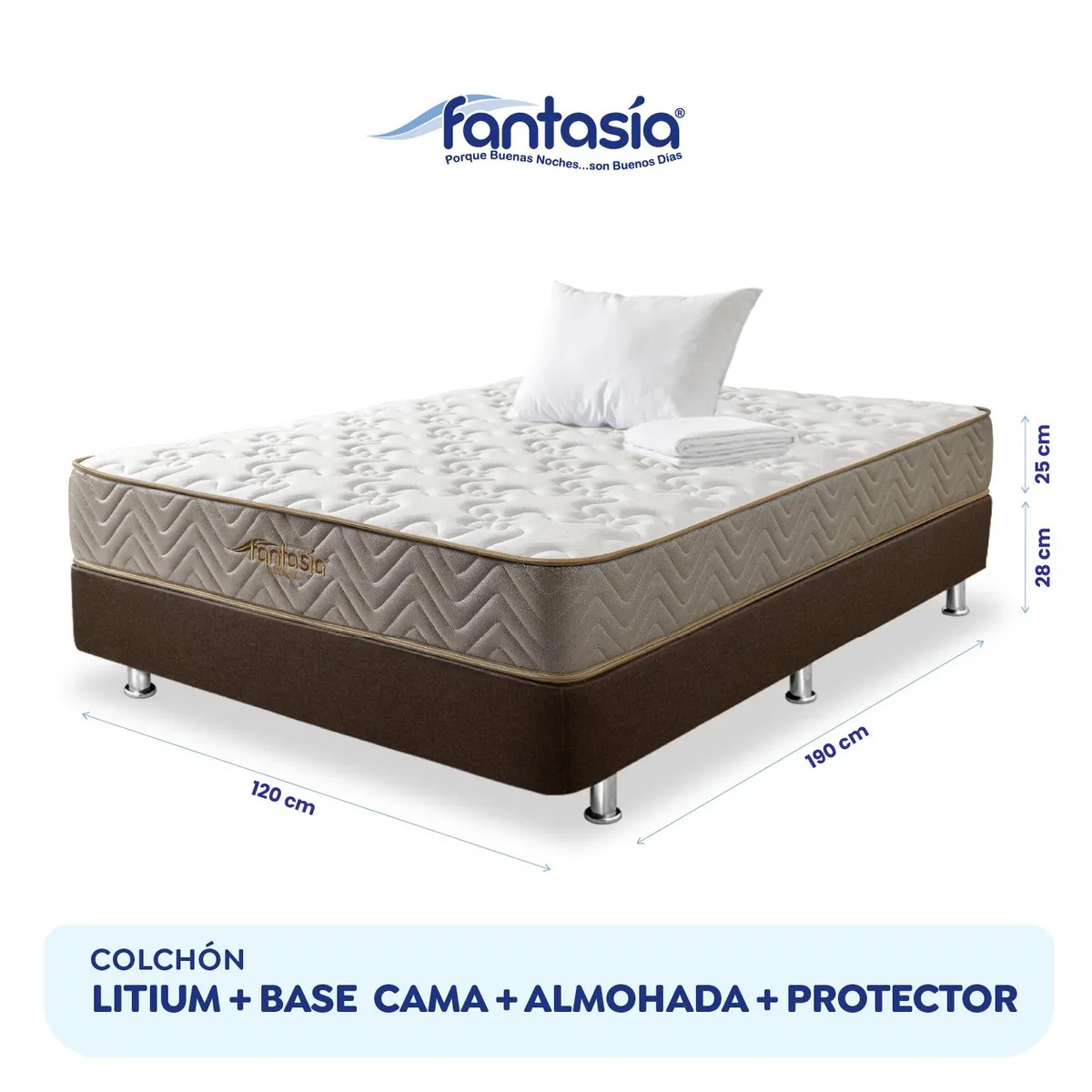 COLCHONES FANTASIA - Combo Semidoble Litium +base Cama Café +1 Almohada+protector