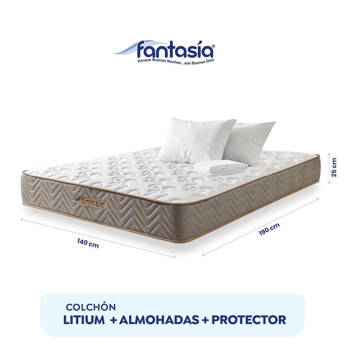 COLCHONES FANTASIA - Colchón Doble Litium 140x190 +2 Almohadas+protector