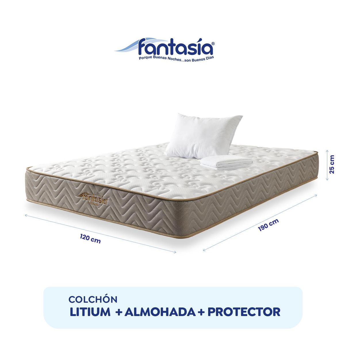 COLCHONES FANTASIA - Colchón Semidoble Litium 120x190+1 Almohada+protector