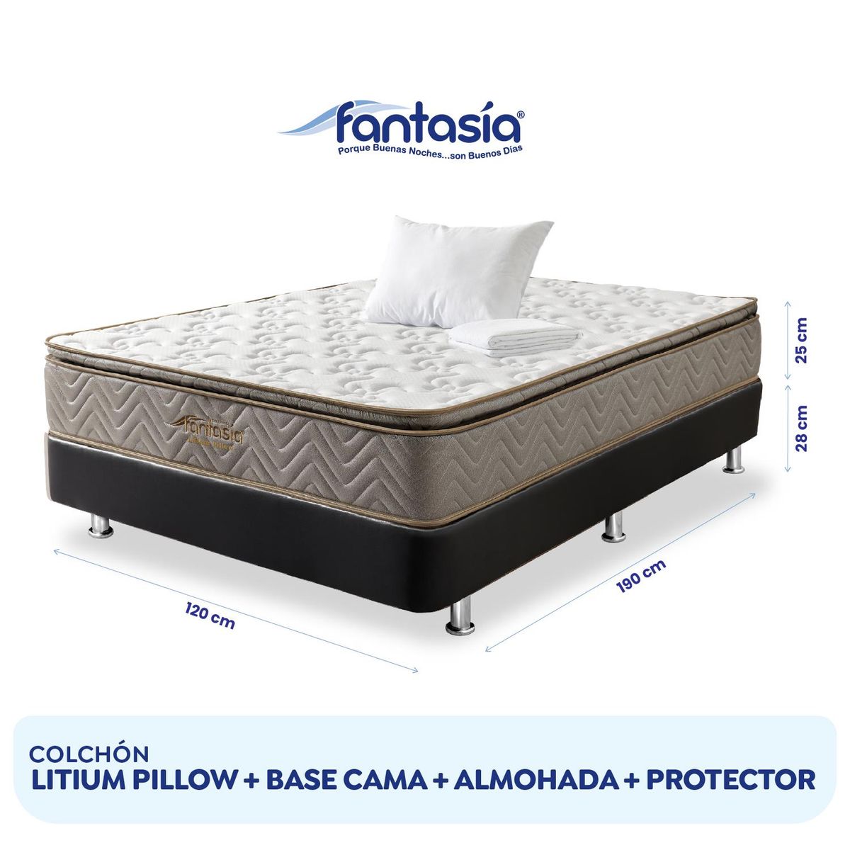 COLCHONES FANTASIA - Combo Semidoble Litium Pillow+base Cama Negro+1almohada+prot