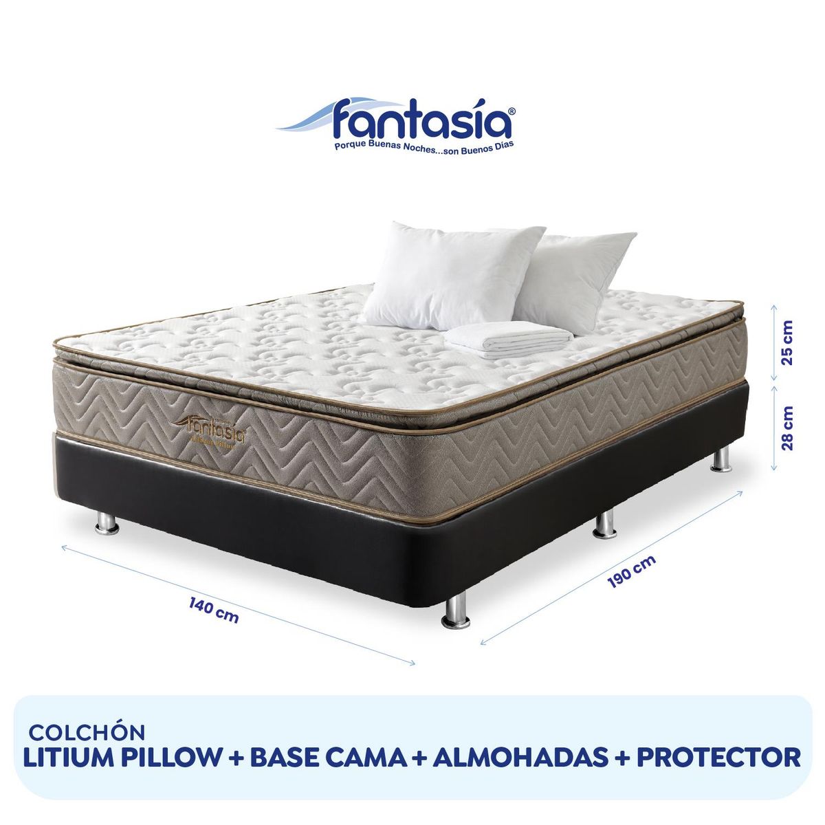 COLCHONES FANTASIA - Combo Doble Litium Pillow+basecama Negro+2almohadas+protecto