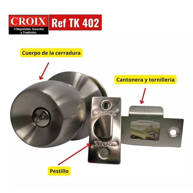 GENERICO - Cerradura Chapa Pomo Baño. Acero Inox. Grado 3. Croix Tk 402