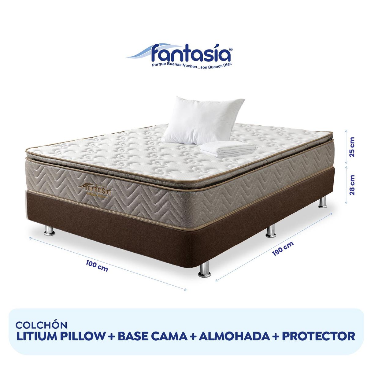 COLCHONES FANTASIA - Combo Sencillo Litium Pillow+base Cama Cafe+1 Almohada+prote