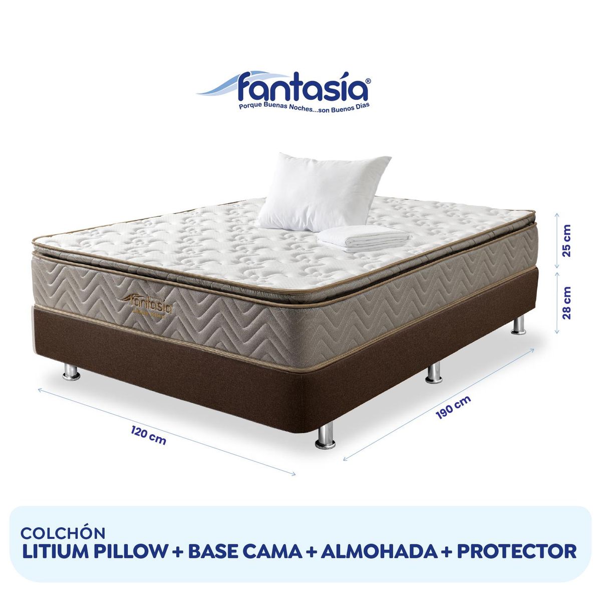COLCHONES FANTASIA - Combo Semidoble Litium Pillow+base Cama Cafe+1almohada+prote