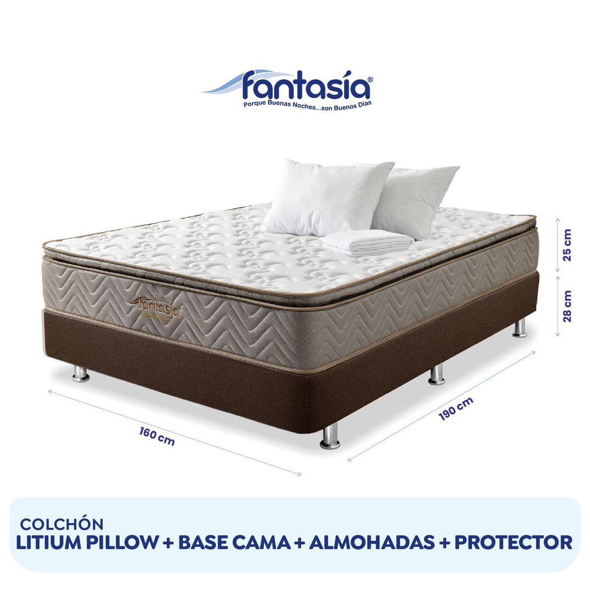 COLCHONES FANTASIA - Combo Queen Litium Pillow+base Cama Cafe+2 Almohadas+protect
