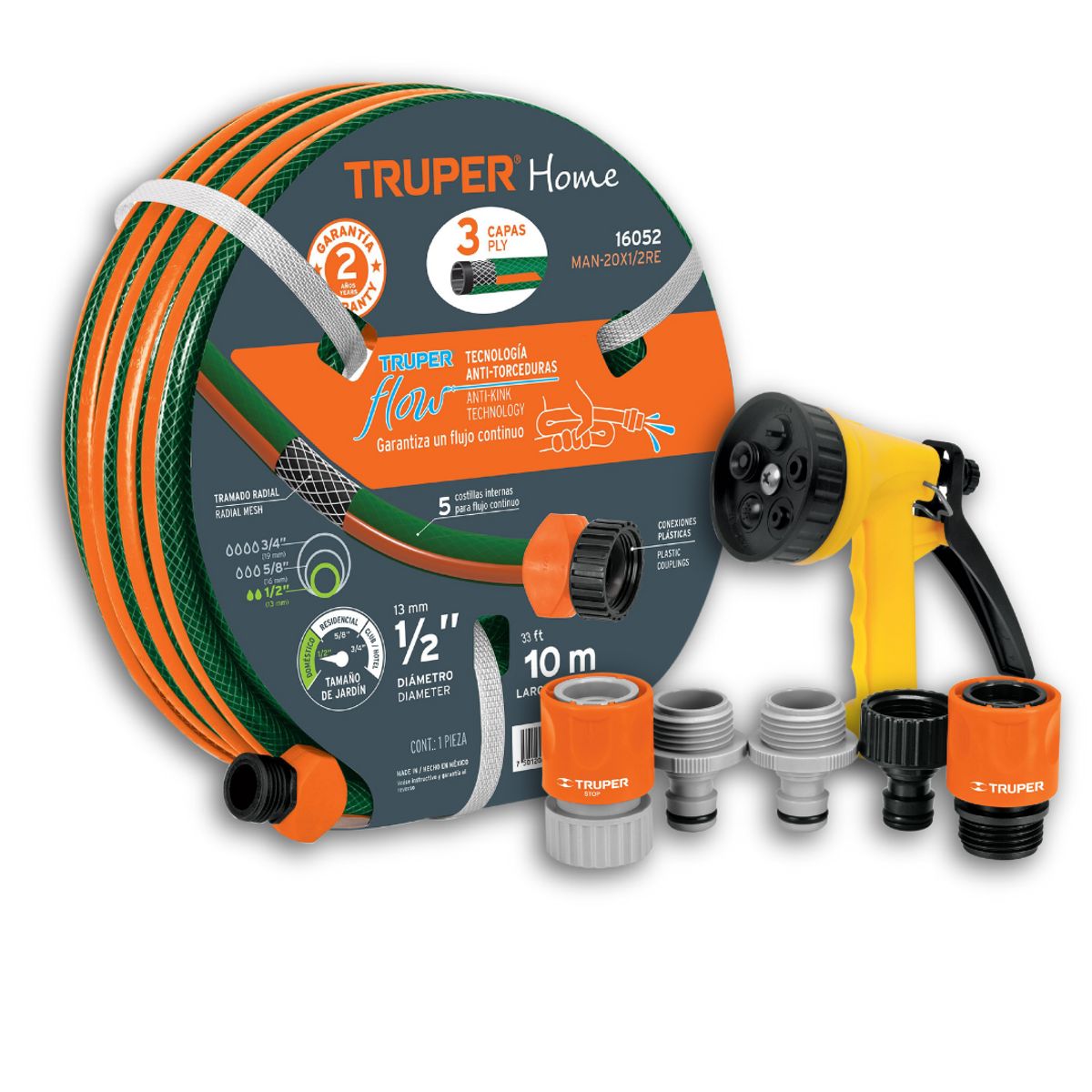 TRUPER - Manguera 10m+acoples Click Hidrolavadora+pistola 5 Funciones