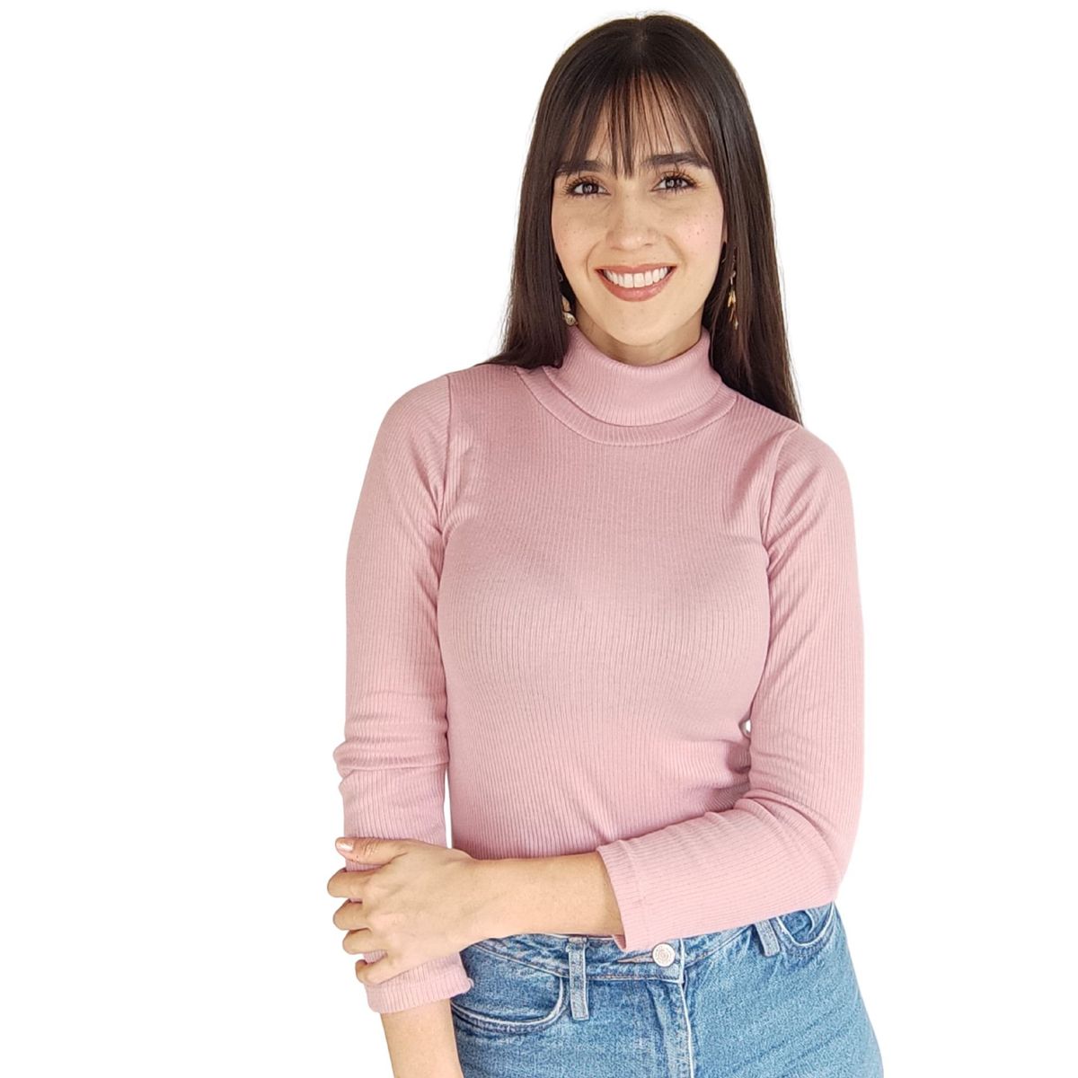 GENERICO - Blusa Rosada Cuello Tortuga Manga Larga Acanalada