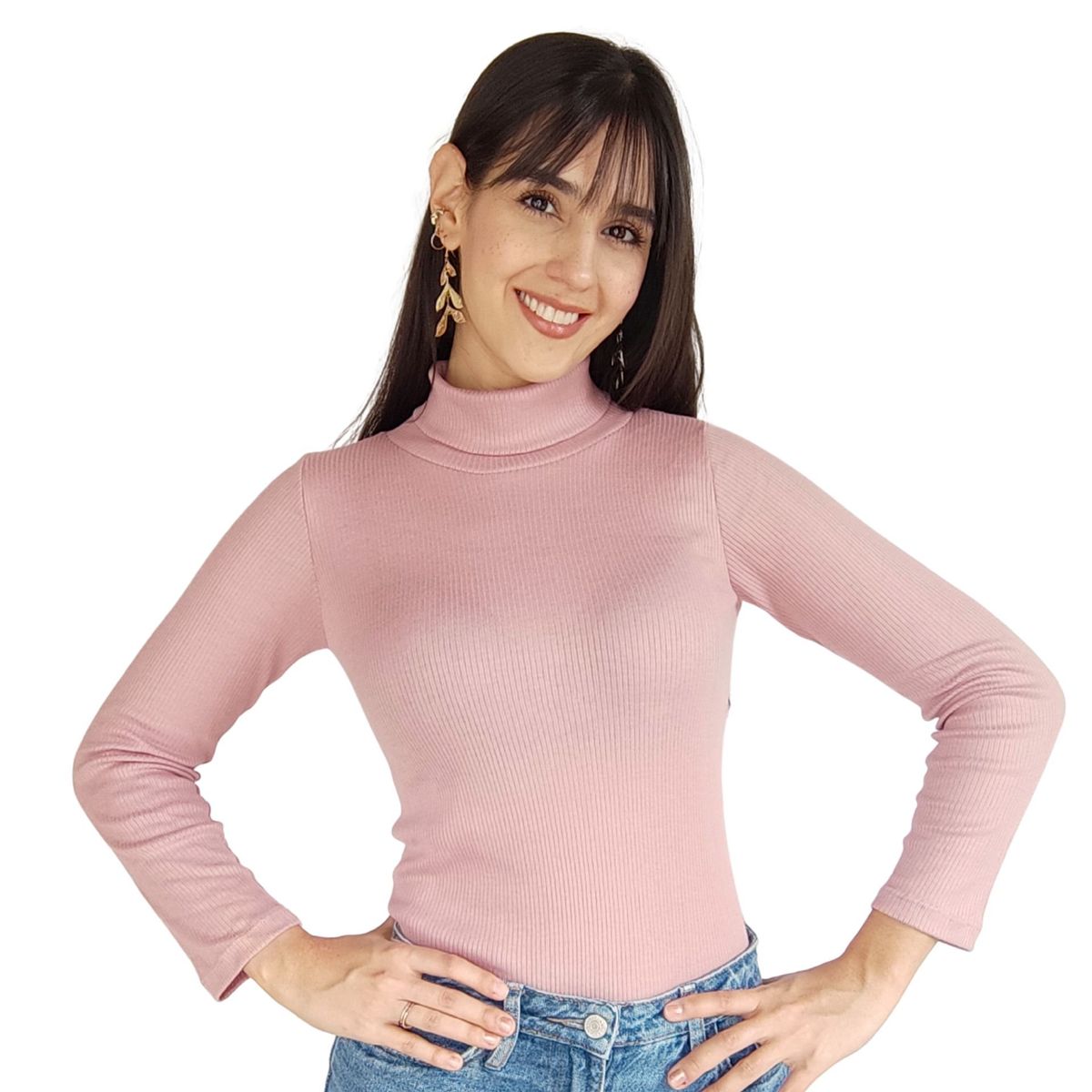 GENERICO - Blusa Rosada Cuello Tortuga Manga Larga Acanalada