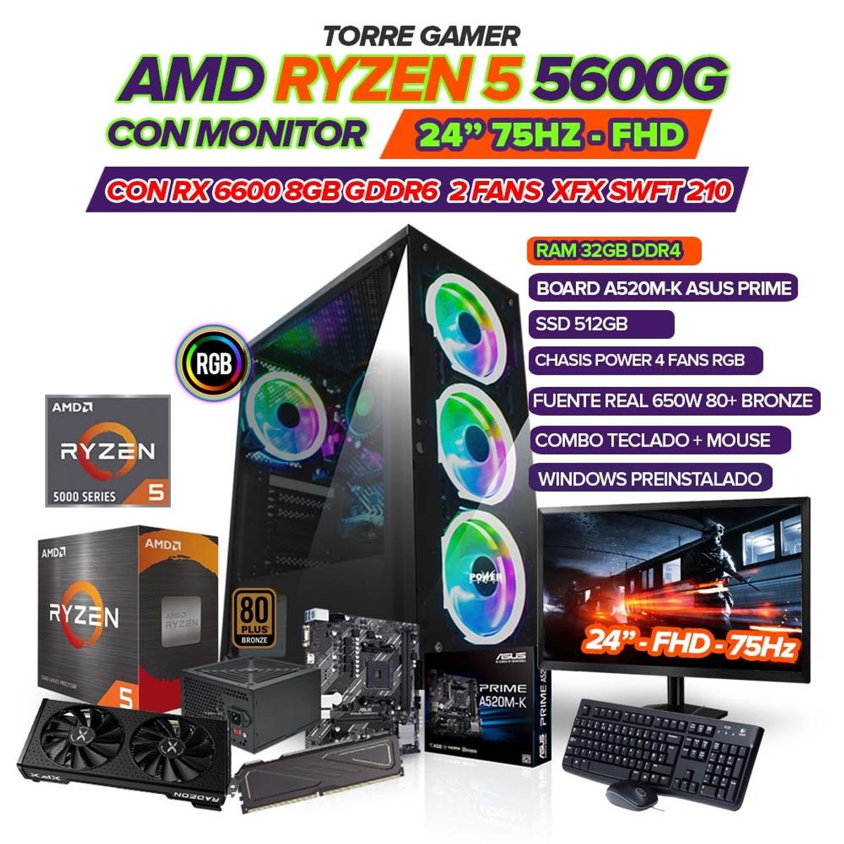 AMD - PC GAMER RYZEN 5 5600G/ GRAFICA RX6600 8GB/ MONITOR 24" FHD/ RAM 32GB/ 512GB SSD
