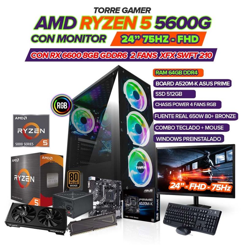 AMD - PC GAMER RYZEN 5 5600G/ GRAFICA RX6600 8GB/ MONITOR 24" FHD/ RAM 64GB/ 512GB SSD