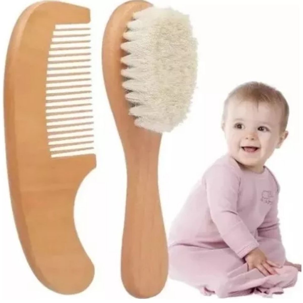 GENERICO - Cepillo de Lana Natural y Peine Cabello Madera para Bebé