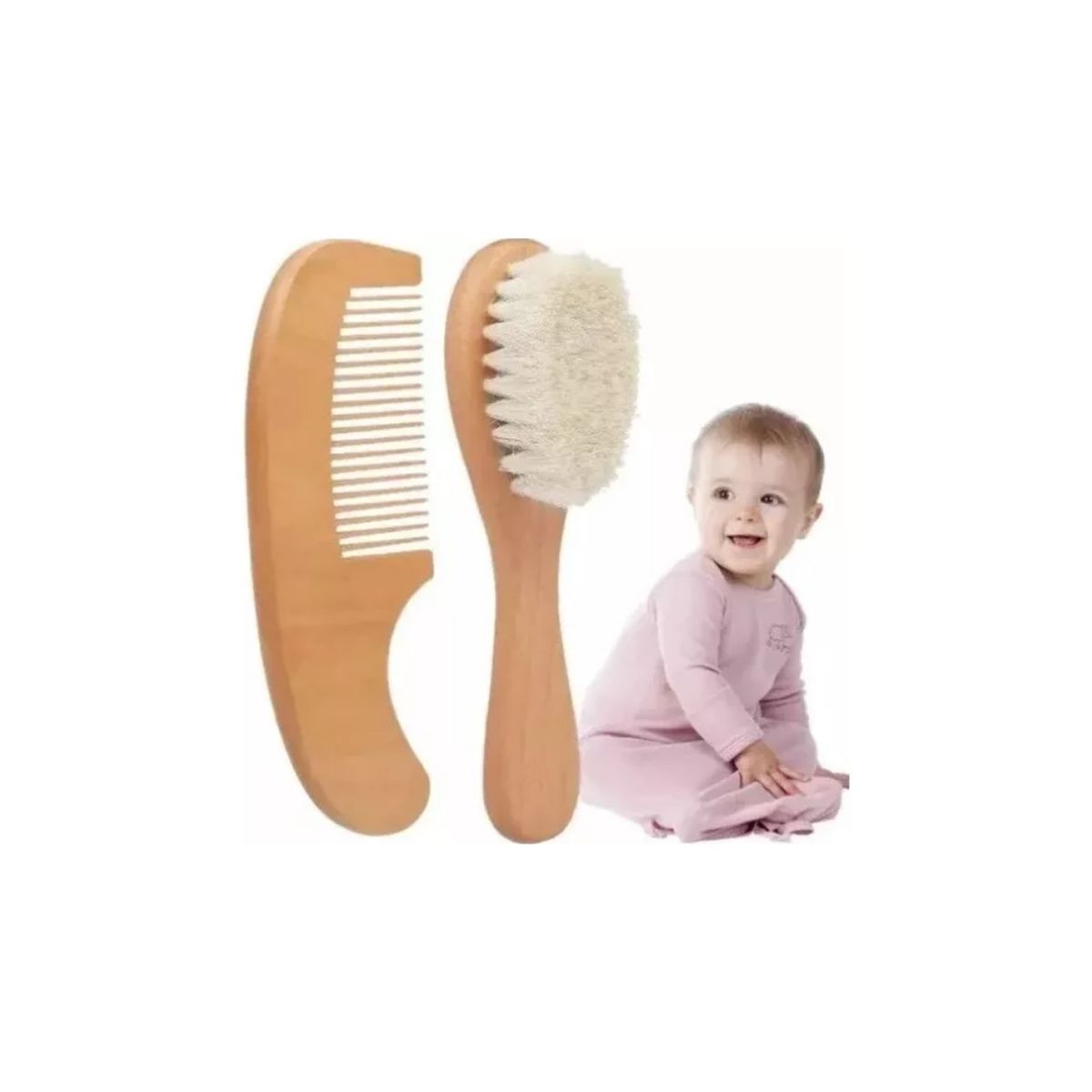 GENERICO - Cepillo de Lana Natural y Peine Cabello Madera para Bebé