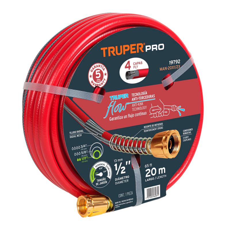 TRUPER - Manguera Super Reforzada 20m 4 Capas Conexiones Metálicas