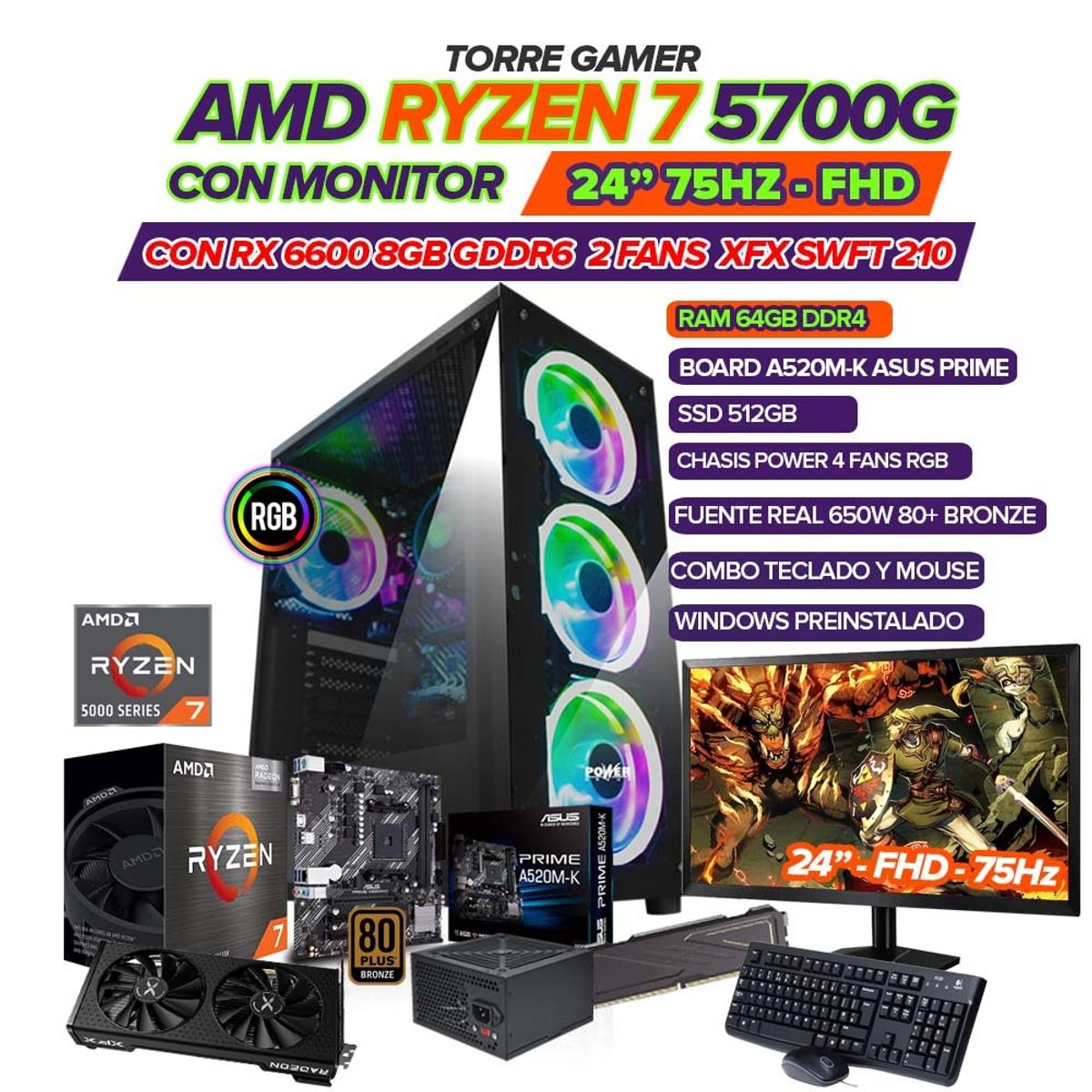 AMD - PC GAMER RYZEN 7 5700G/ GRAFICA RX6600 8GB/ MONITOR 24" FHD/ RAM 64GB/ 512GB SSD