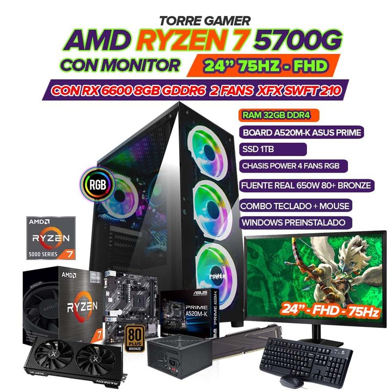 AMD - PC GAMER RYZEN 7 5700G/ GRAFICA RX6600 8GB/ MONITOR 24" FHD/ RAM 32GB/ 1TB SSD