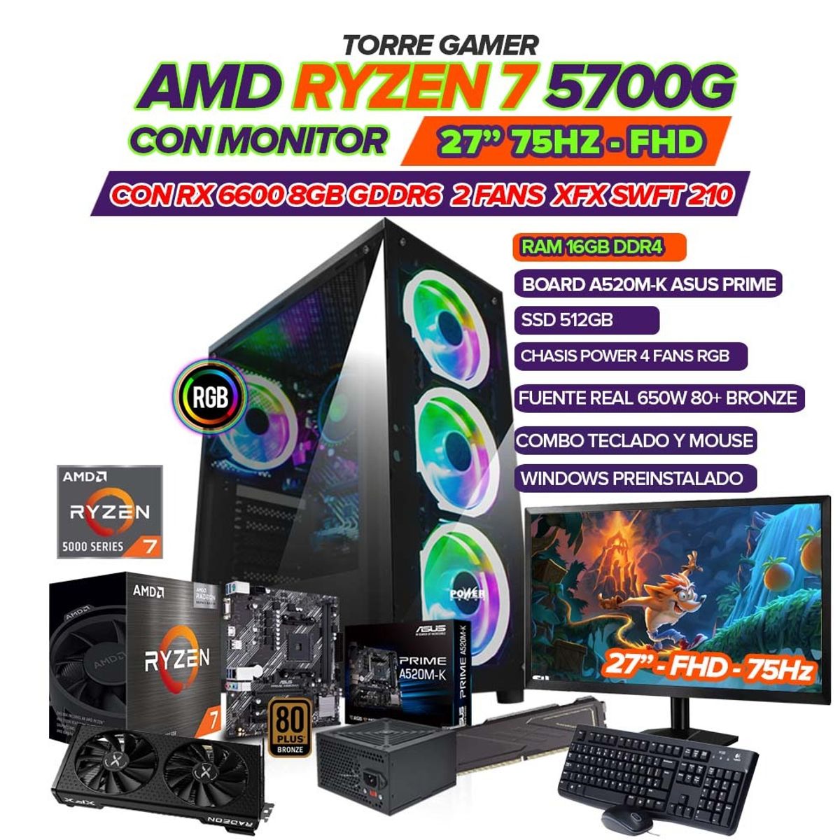 AMD - PC GAMER RYZEN 7 5700G/ GRAFICA RX6600 8GB/ MONITOR 27" FHD/ RAM 16GB/ 512GB SSD