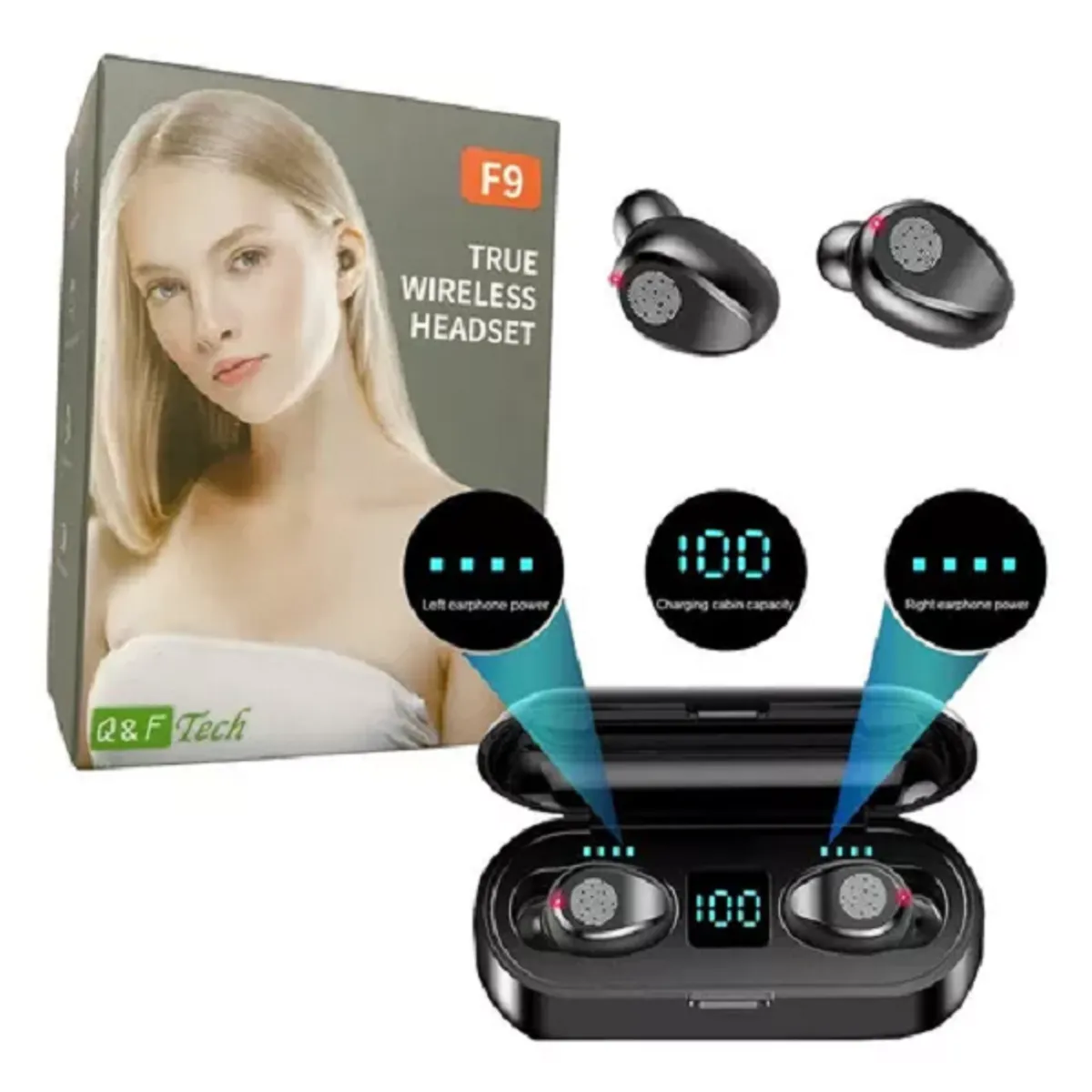TWS - Auricular Inalámbrico Bluetooth F9 Tws  Tactil Led Color Negro