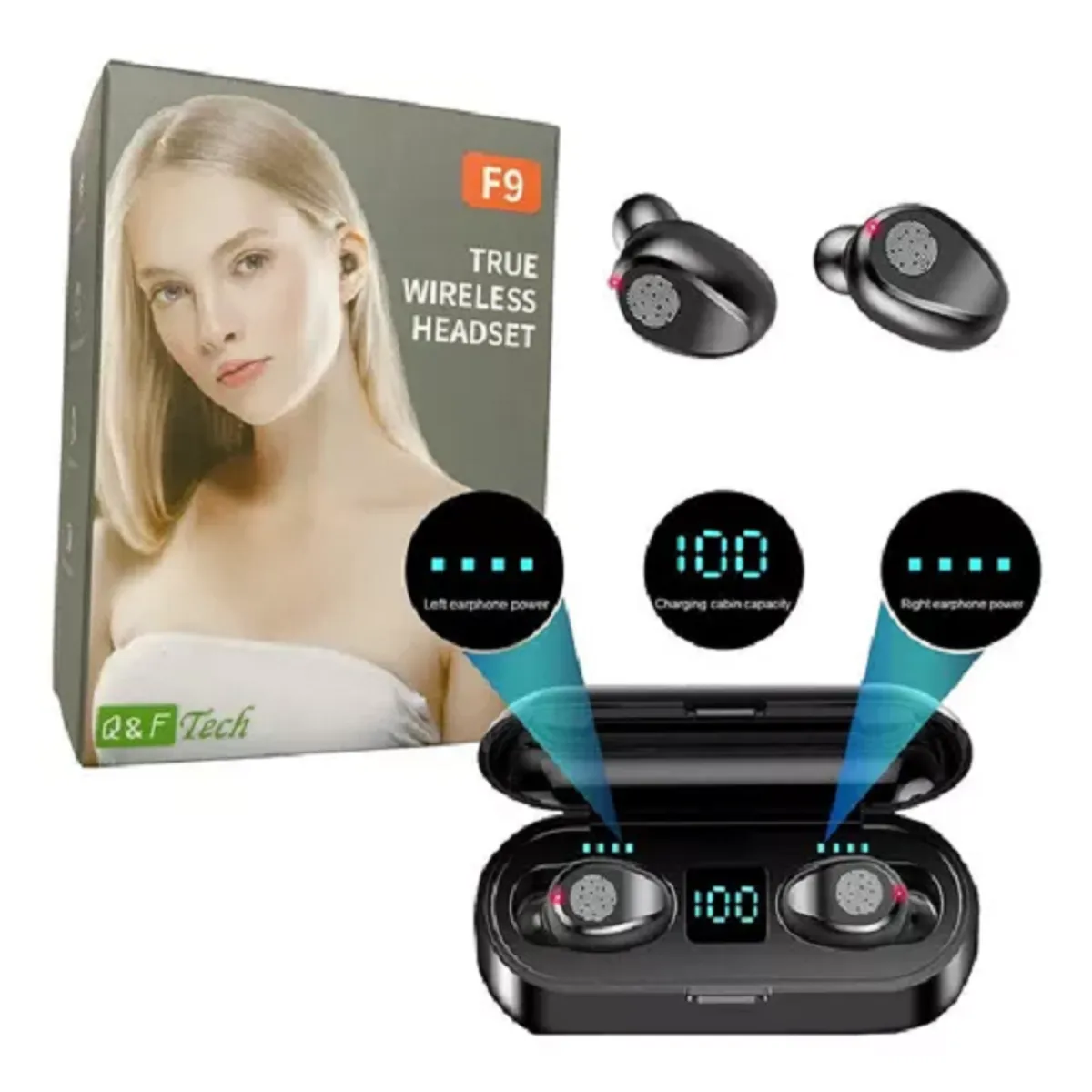 TWS - Auricular Inalámbrico Bluetooth F9 Tws  Tactil Led Color Negro