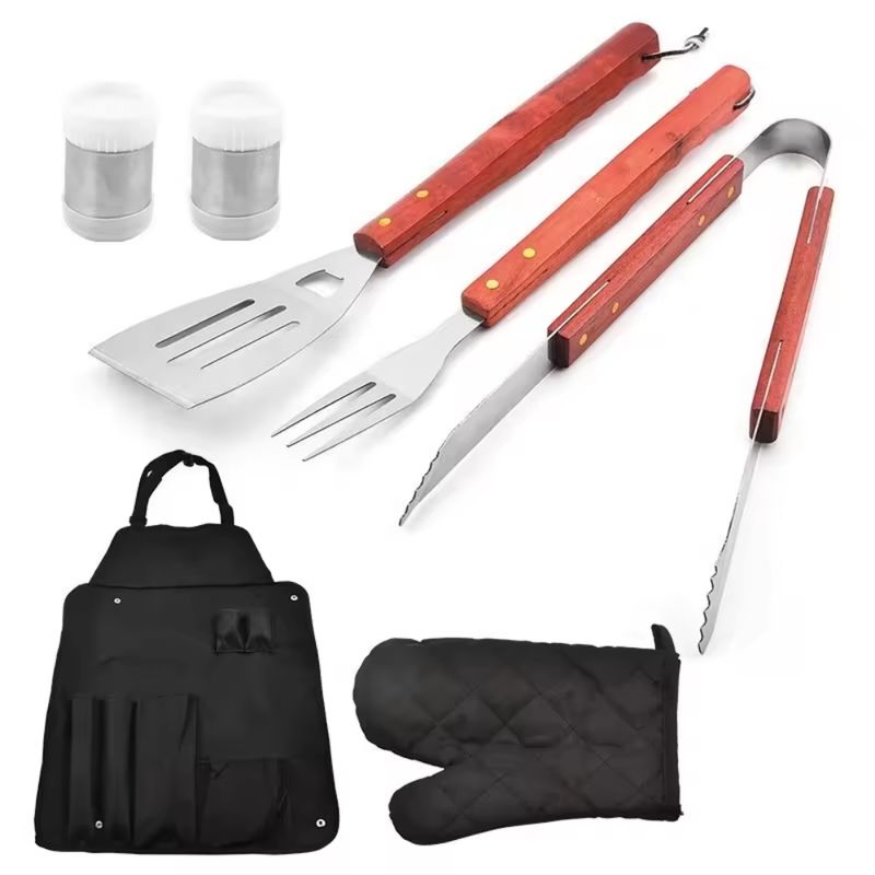 GENERICO - Kit Para Barbacoa Asados Con Delantal 8 Pcs Color Negro