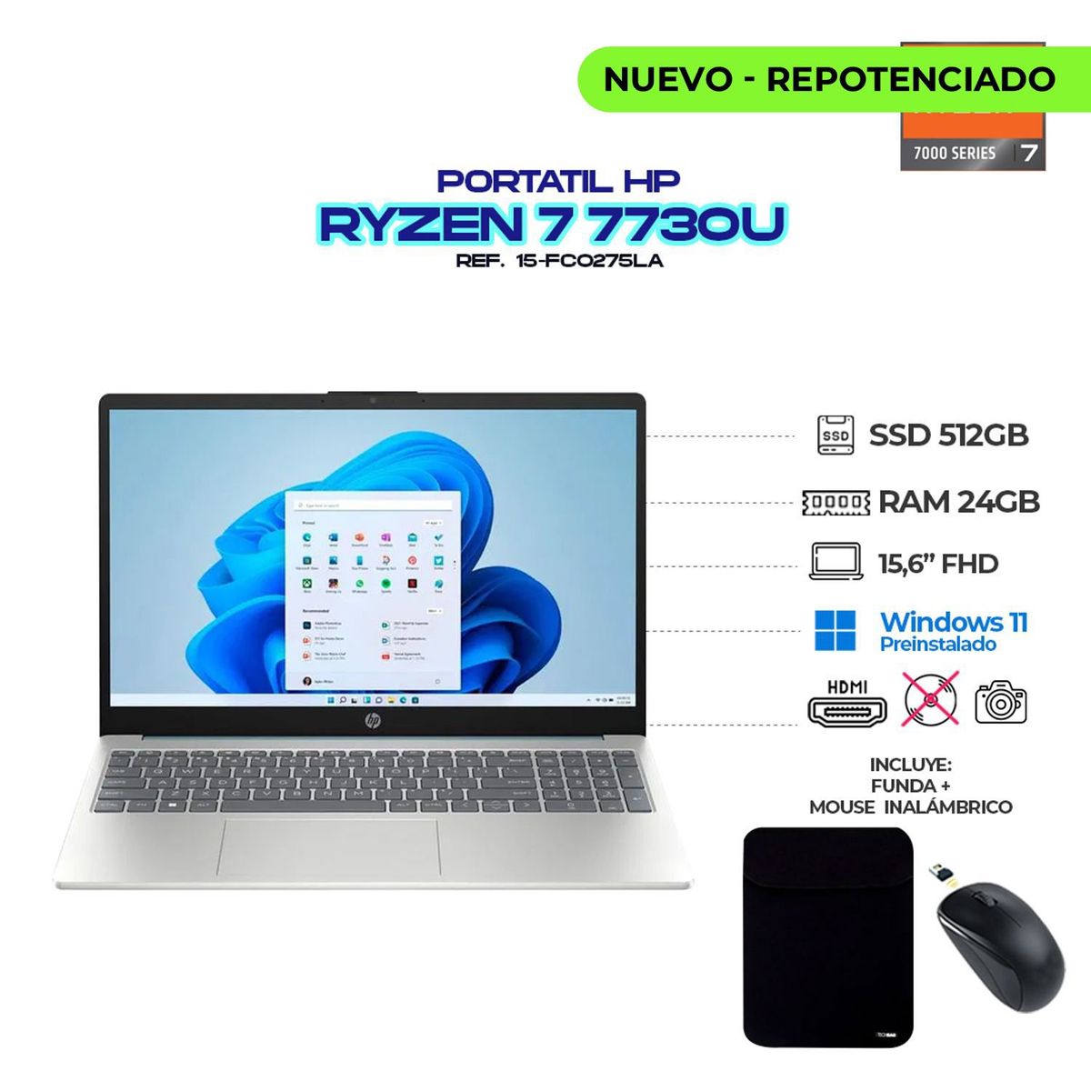 HP - PORTATIL HP  AMD RYZEN 7 7730U/ RAM 24GB/ SSD 512GB M.2/ 16" FHD + FUNDA Y MOUSE