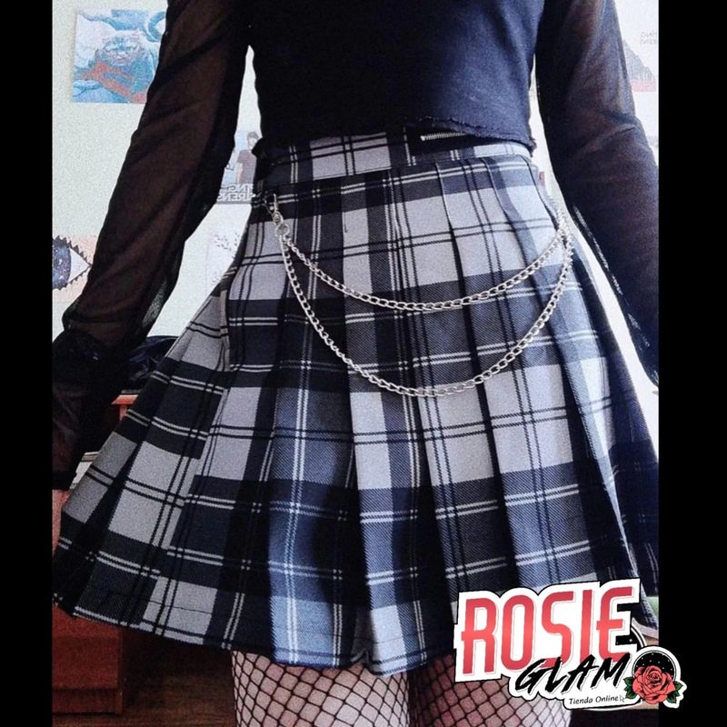 ROSIEGLAM - Falda Cuadros Gris Con Cadena