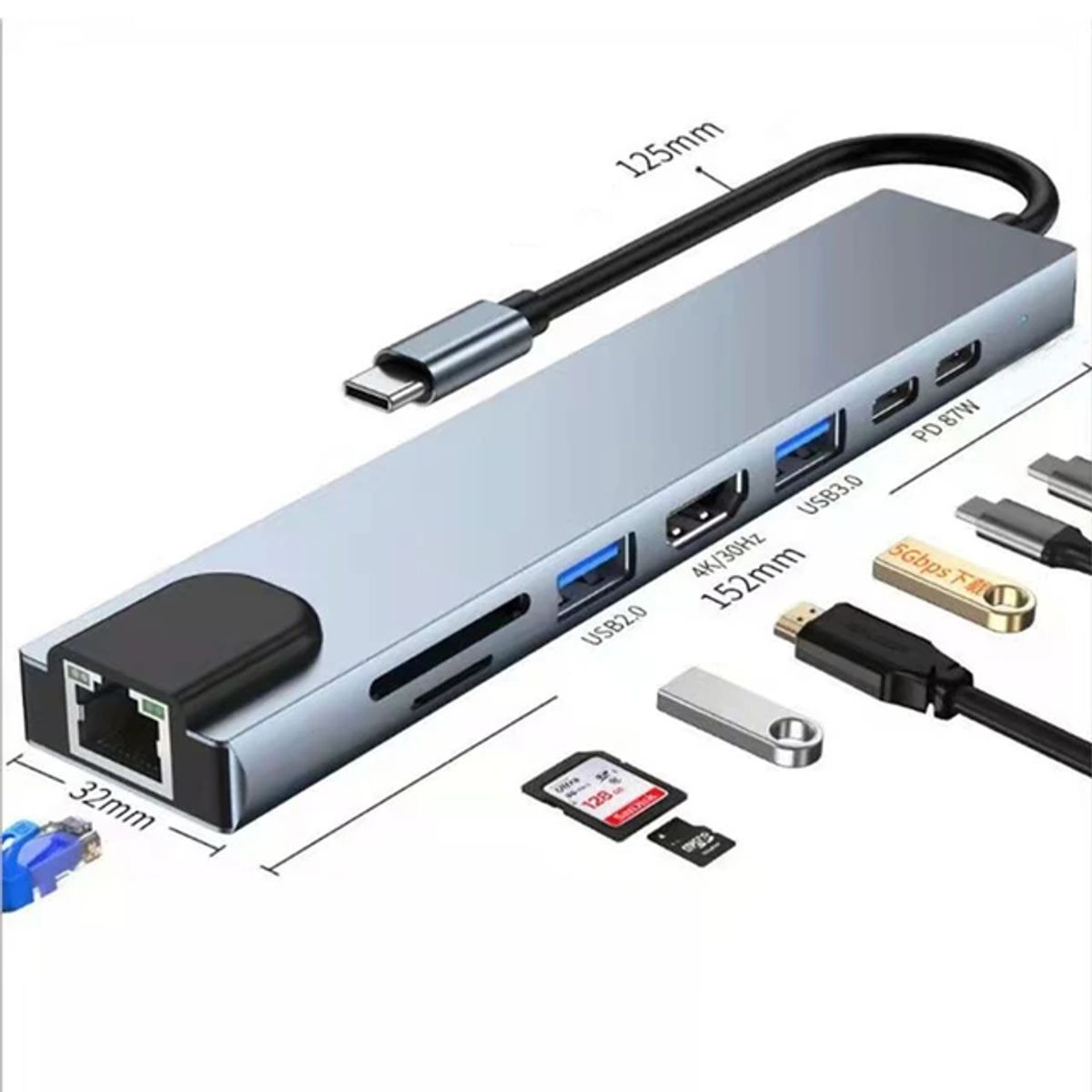 GENERICO - Convertidor tipo C 8 en 1 hub usb HDMI rj45 sd para portátil