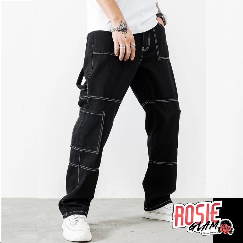 ROSIEGLAM - Pantalón Cargo Con Costuras Blancas