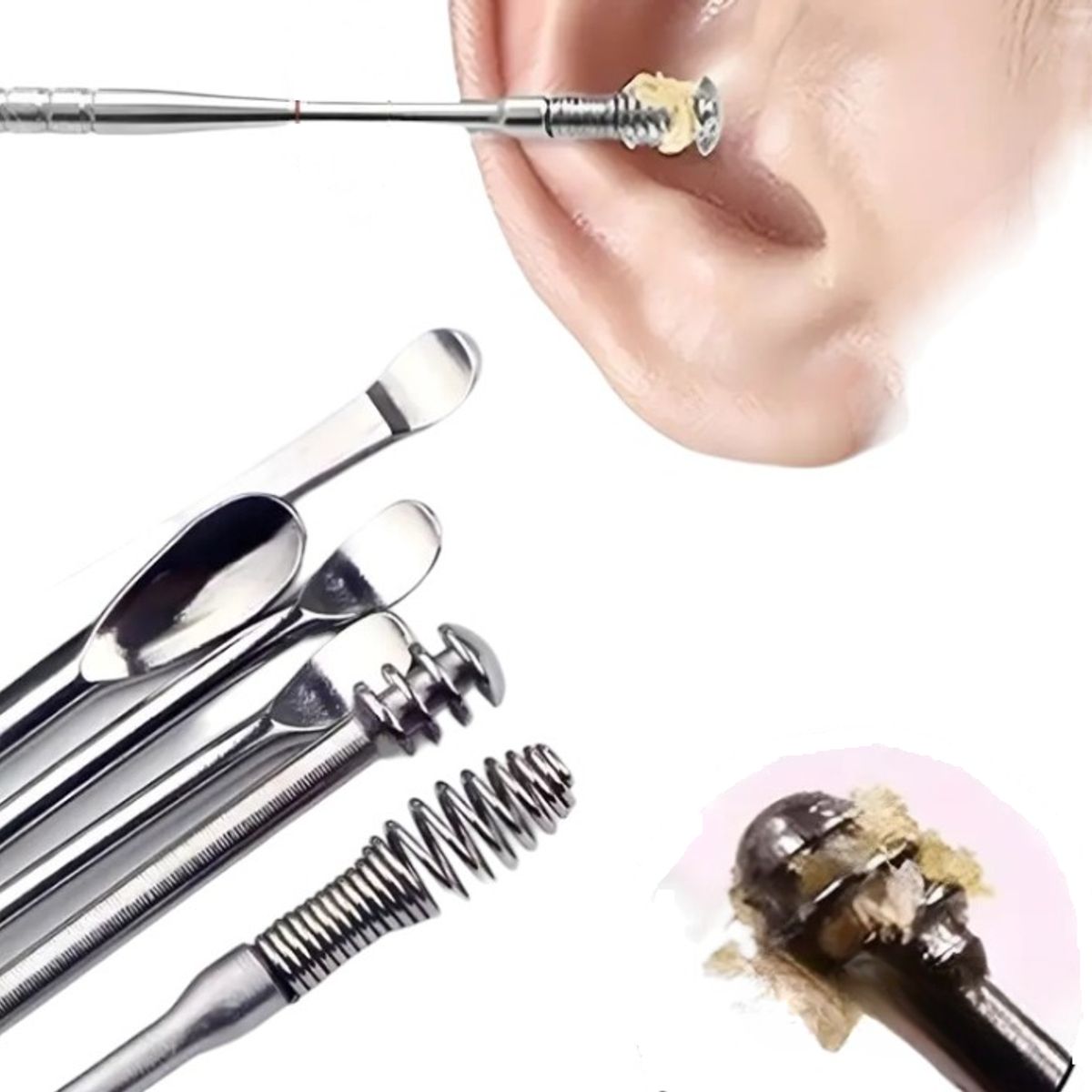 GENERICO - Kit Limpieza Cera De Oídos Acero Inoxidable X 6 Unds