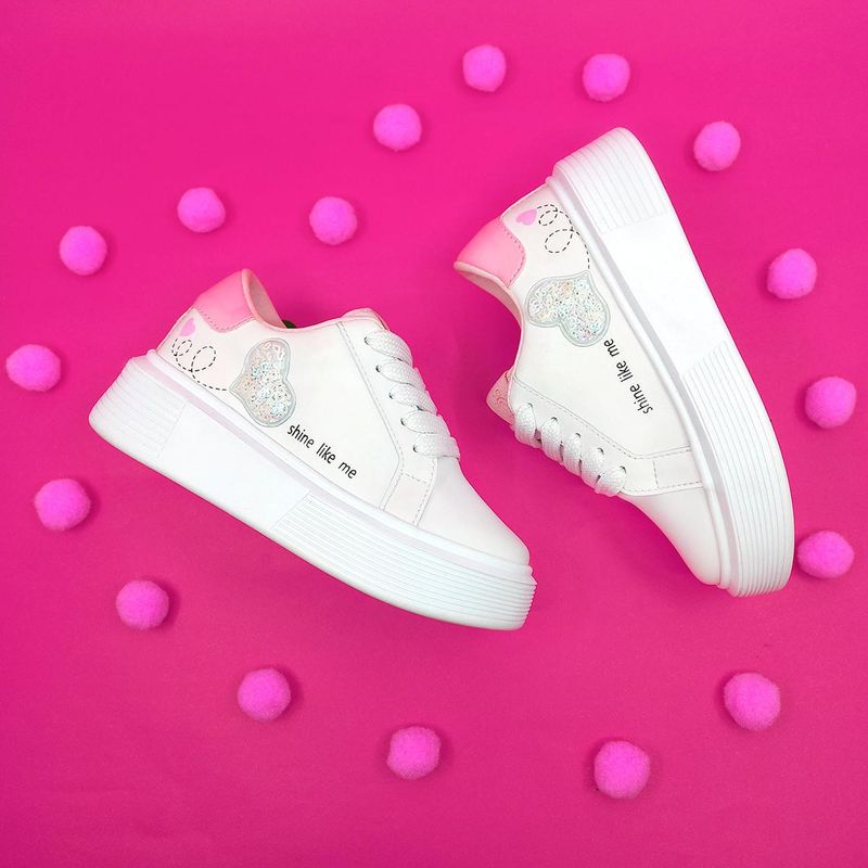 PAPOS - Zapatos Casuales para Niñas Shine Blanco y Rosado_.