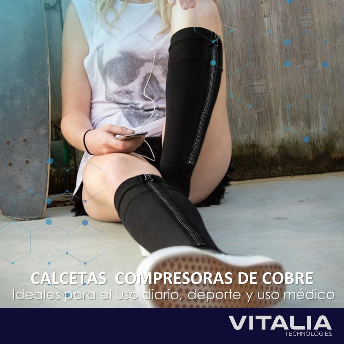 VITALIA TECHNOLOGY - Medias de Compresion Cremallera Vitalia 15-20 mmHg Set x 3 - Negro - L/XL-